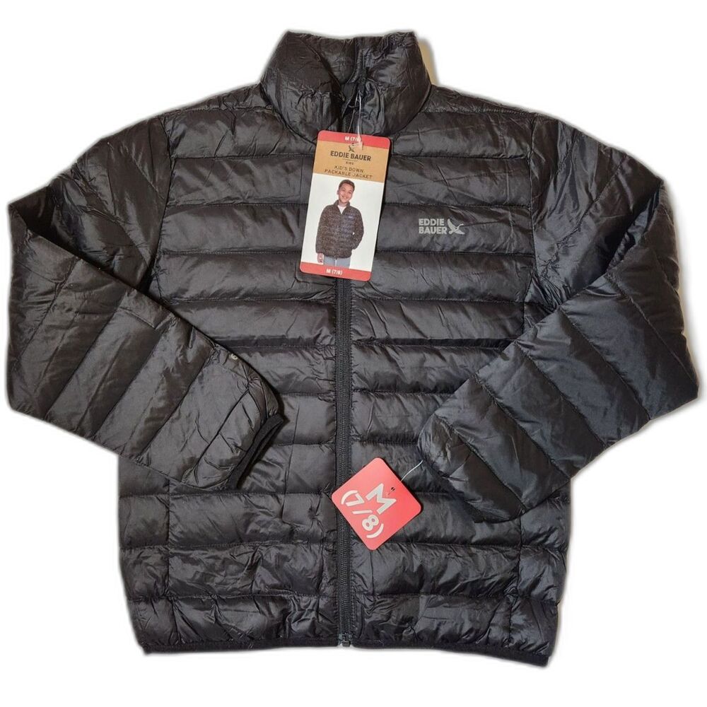 Eddie Bauer Boys Down Packable Jacket Size Medium 7/8 Black NWT